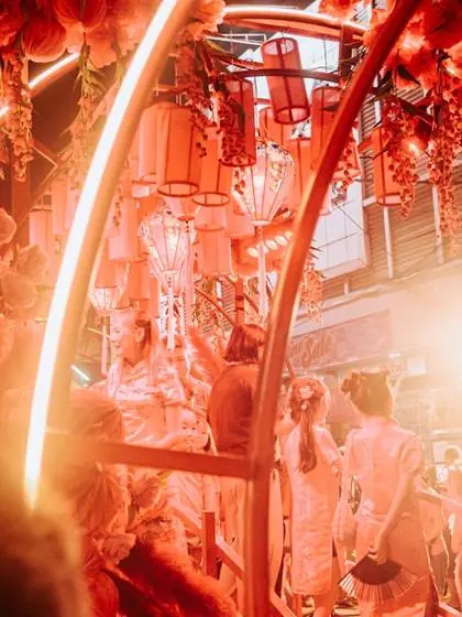 Red lanterns over a night market